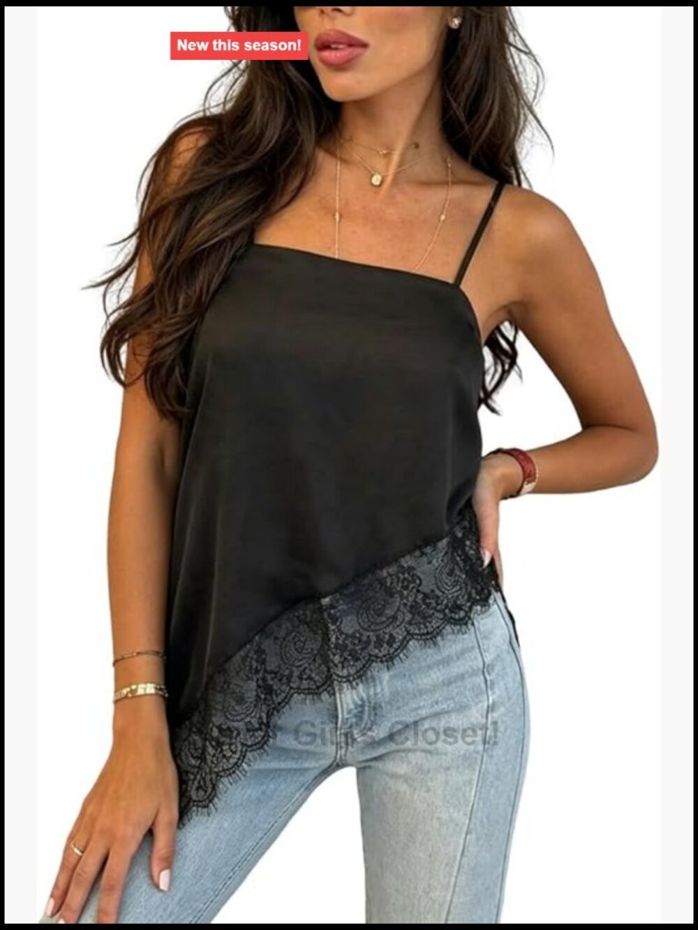 Satin Lace Trim Asymmetrical Camisole Tank Top Women's Silk Like Soft Blouse